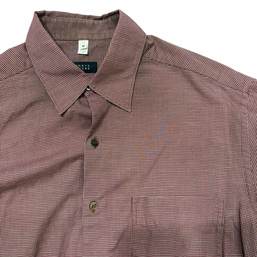 Barneys New York Men's Dress Shirt M Burgundy White Check Cotton Linen